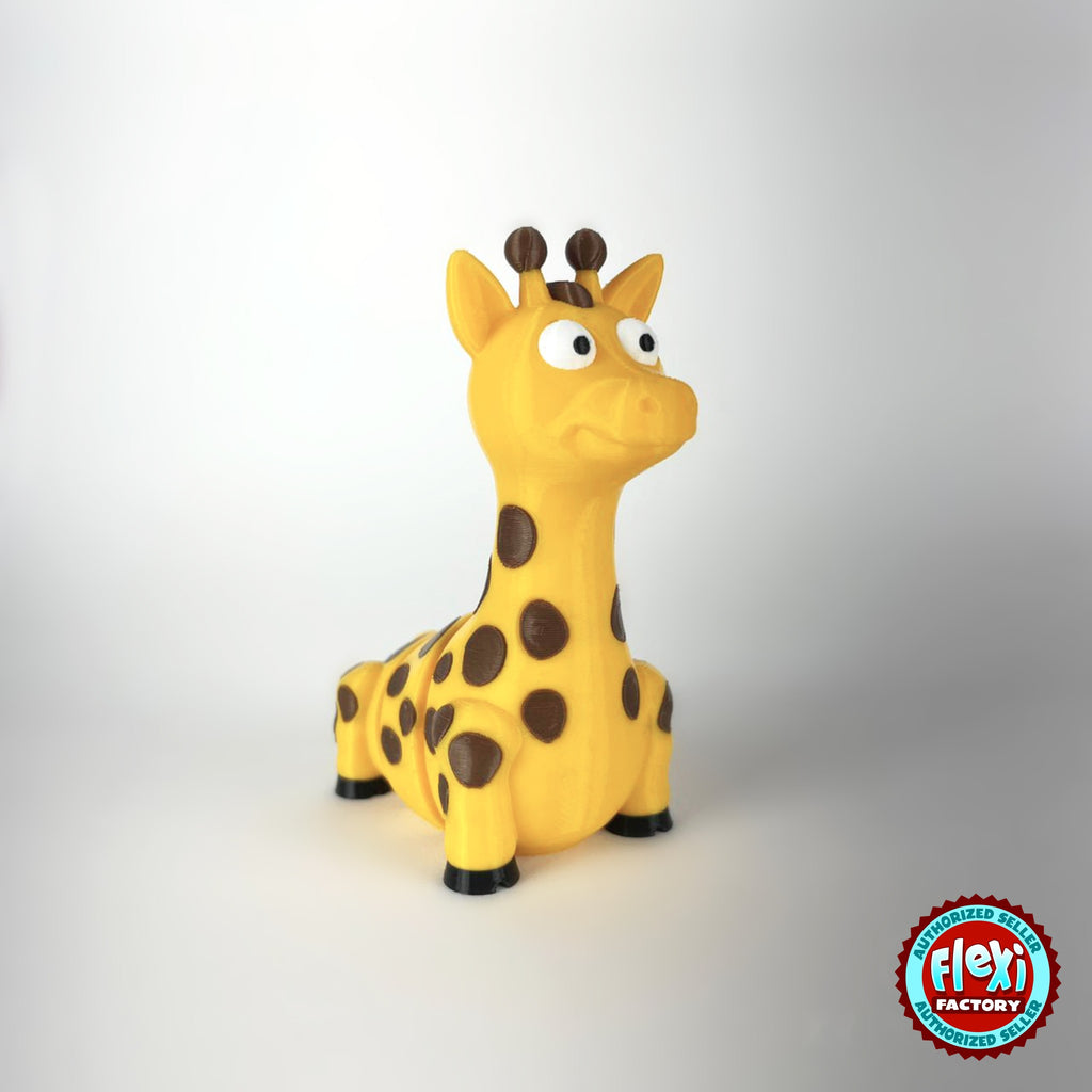 Cute giraffe keychain, 3D printed by RU3D – three quarter view facing right. Yellow with brown spots.