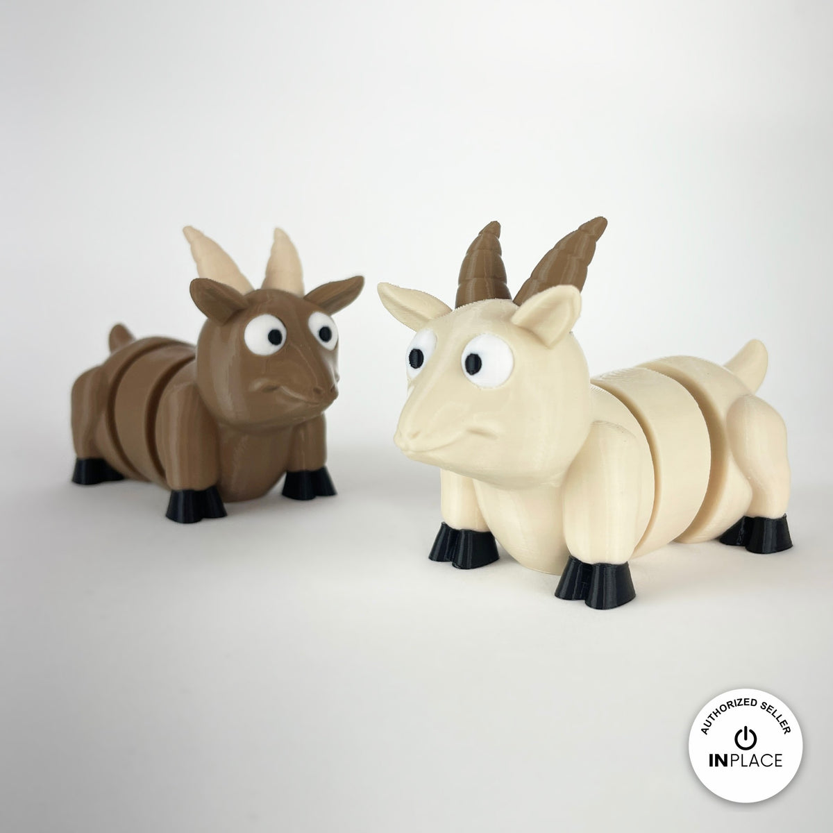 Cute goat keychain, 3D printed by RU3D – brown and cream goats. Brown, cream and white with black hooves.