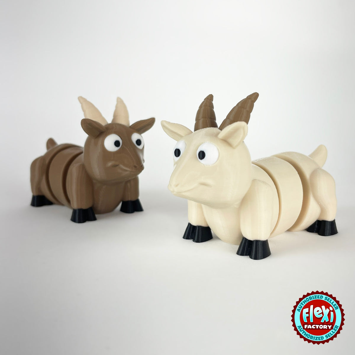 Cute goat keychain, 3D printed by RU3D – brown and cream goats. Brown, cream and white with black hooves.