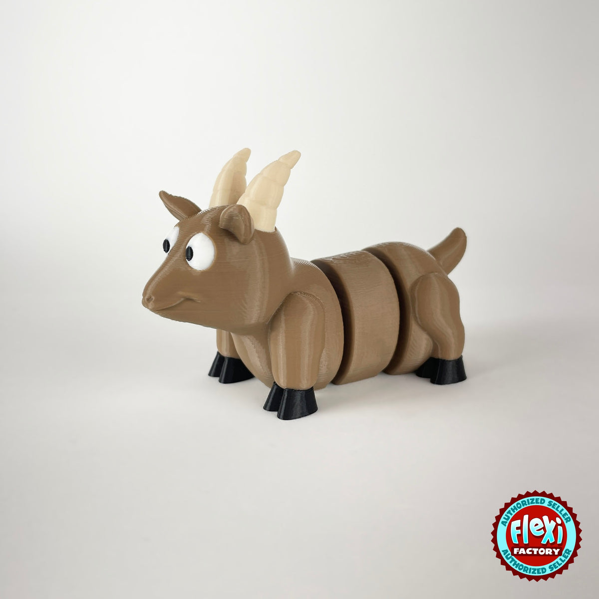 Cute goat keychain, 3D printed by RU3D – brown goat three quarter view facing left. Brown, cream and white with black hooves.