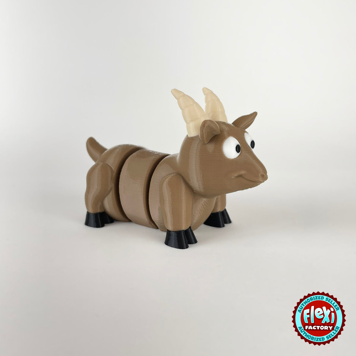 Cute goat keychain, 3D printed by RU3D – brown goat three quarter view facing right. Brown, cream and white with black hooves.