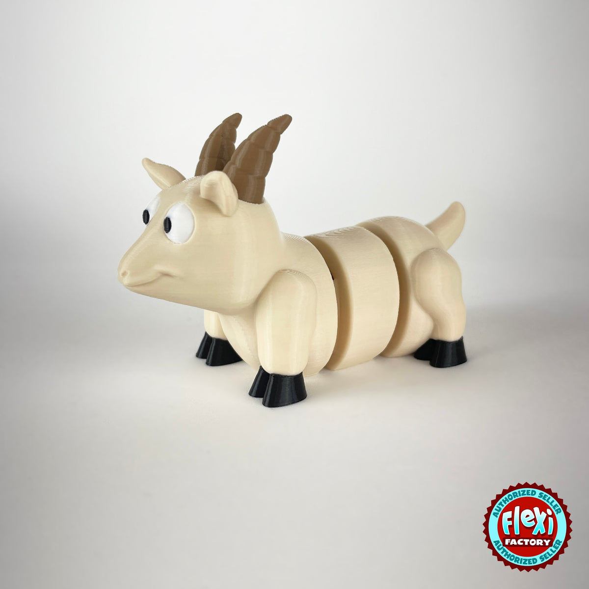 Cute goat keychain, 3D printed by RU3D – cream goat three quarter view facing left. Brown, cream and white with black hooves.