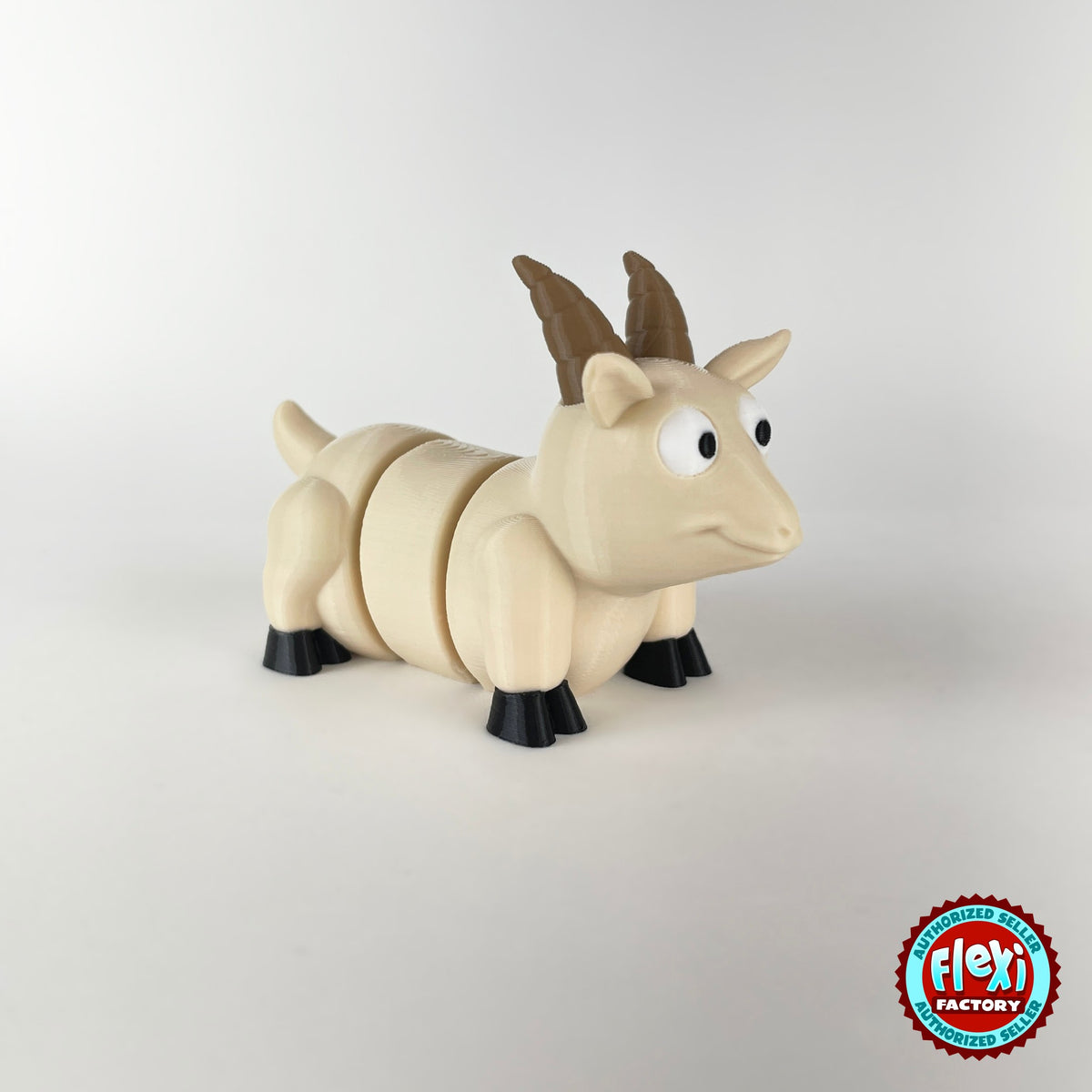 Cute goat keychain, 3D printed by RU3D – cream goat three quarter view facing right. Brown, cream and white with black hooves.