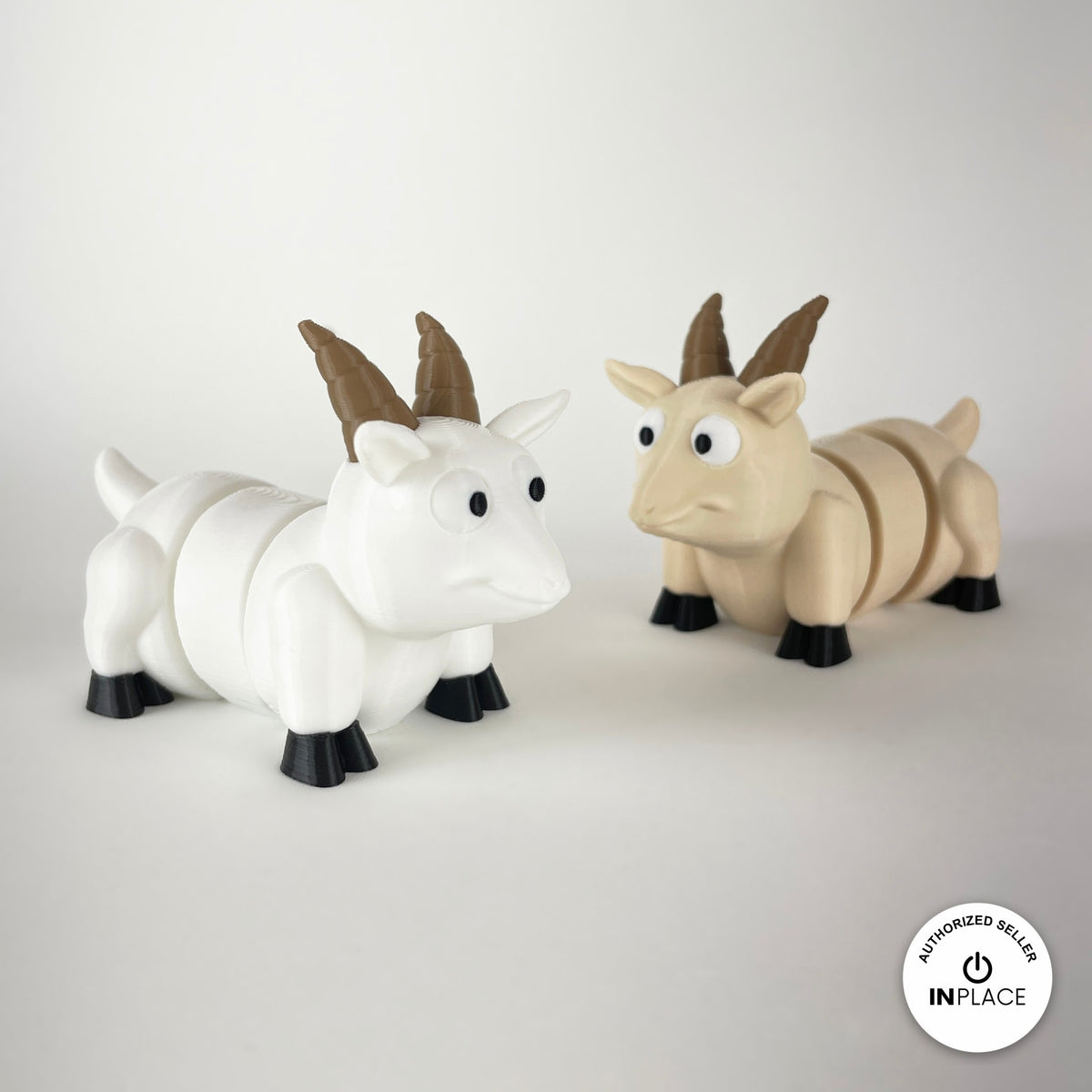 Cute goat keychain, 3D printed by RU3D – white and cream goats. Brown, cream and white with black hooves.