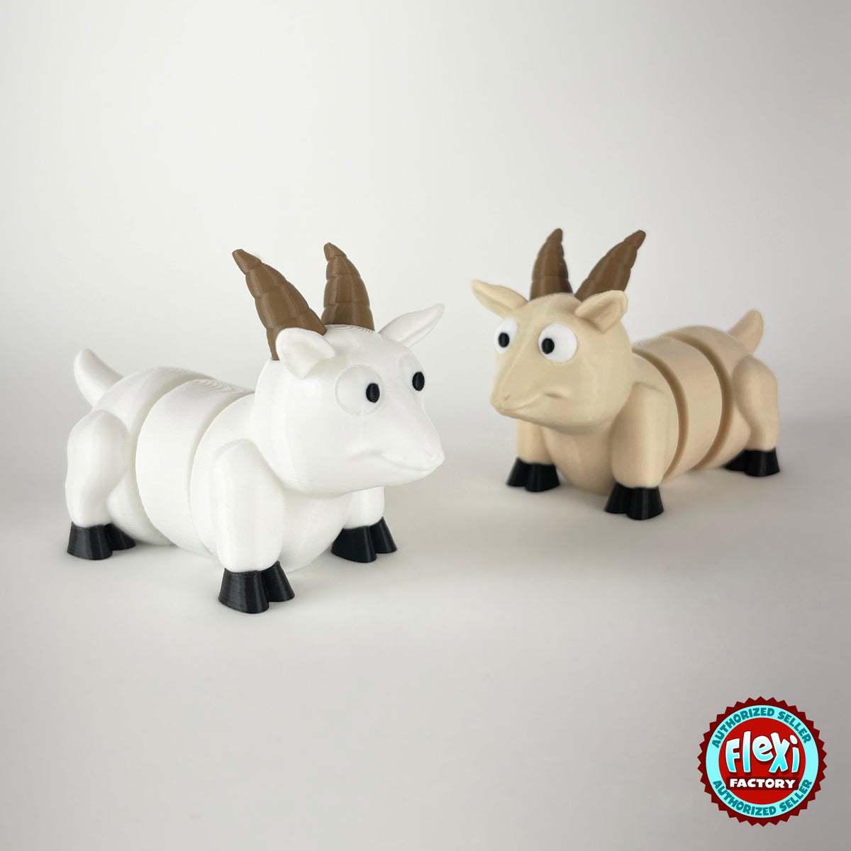 Cute goat keychain, 3D printed by RU3D – white and cream goats. Brown, cream and white with black hooves.