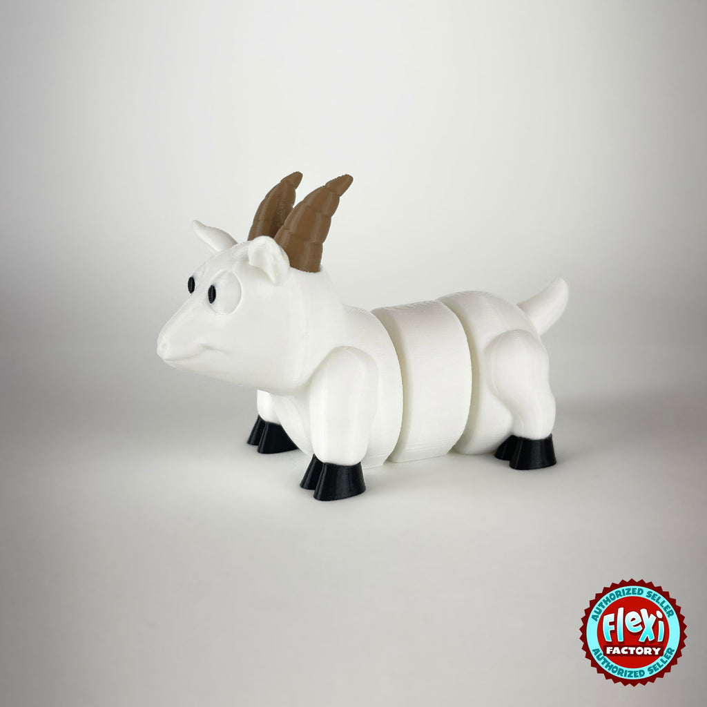 Cute goat keychain, 3D printed by RU3D – white goat three quarter view facing left. Brown, cream and white with black hooves.