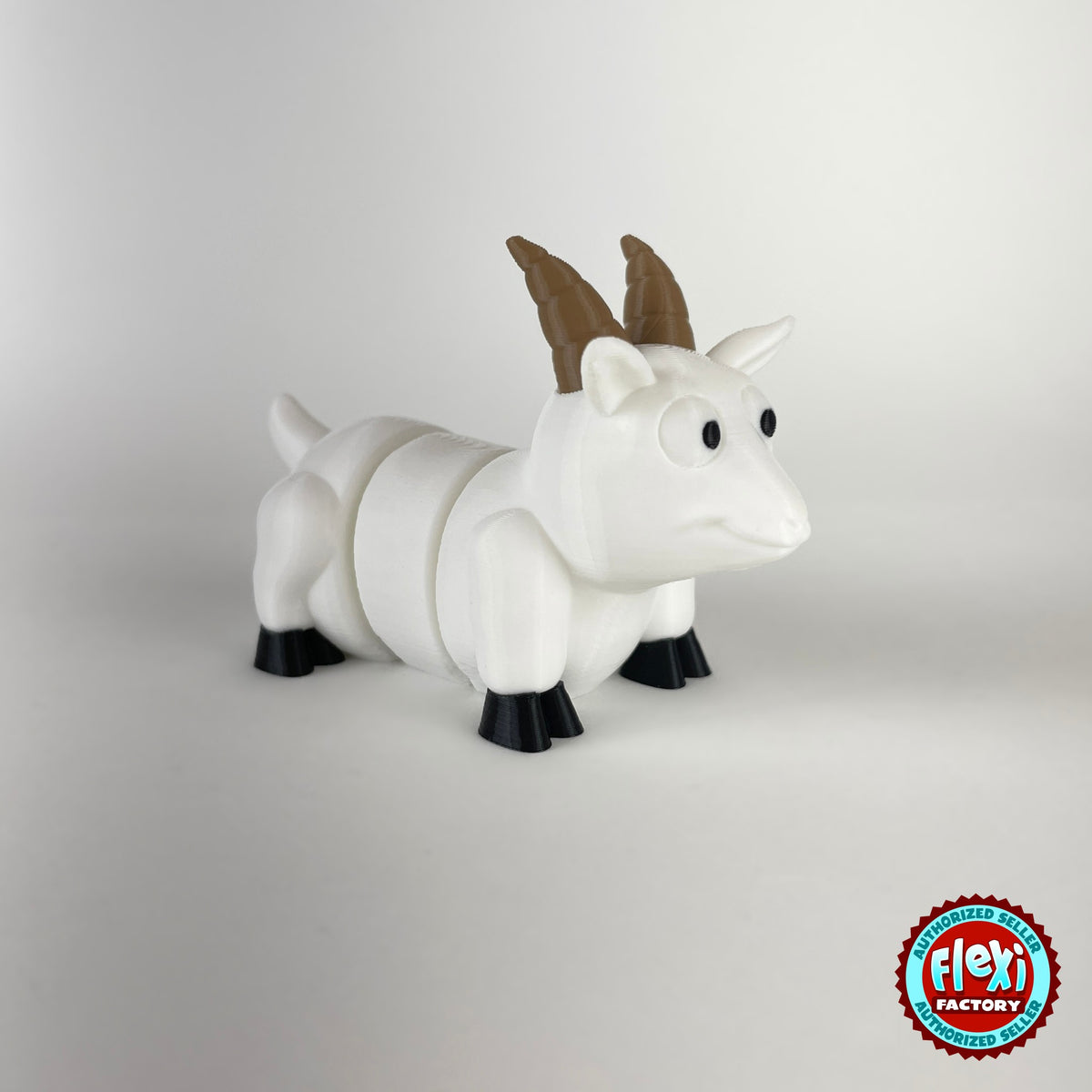 Cute goat keychain, 3D printed by RU3D – white goat three quarter view facing right. Brown, cream and white with black hooves.