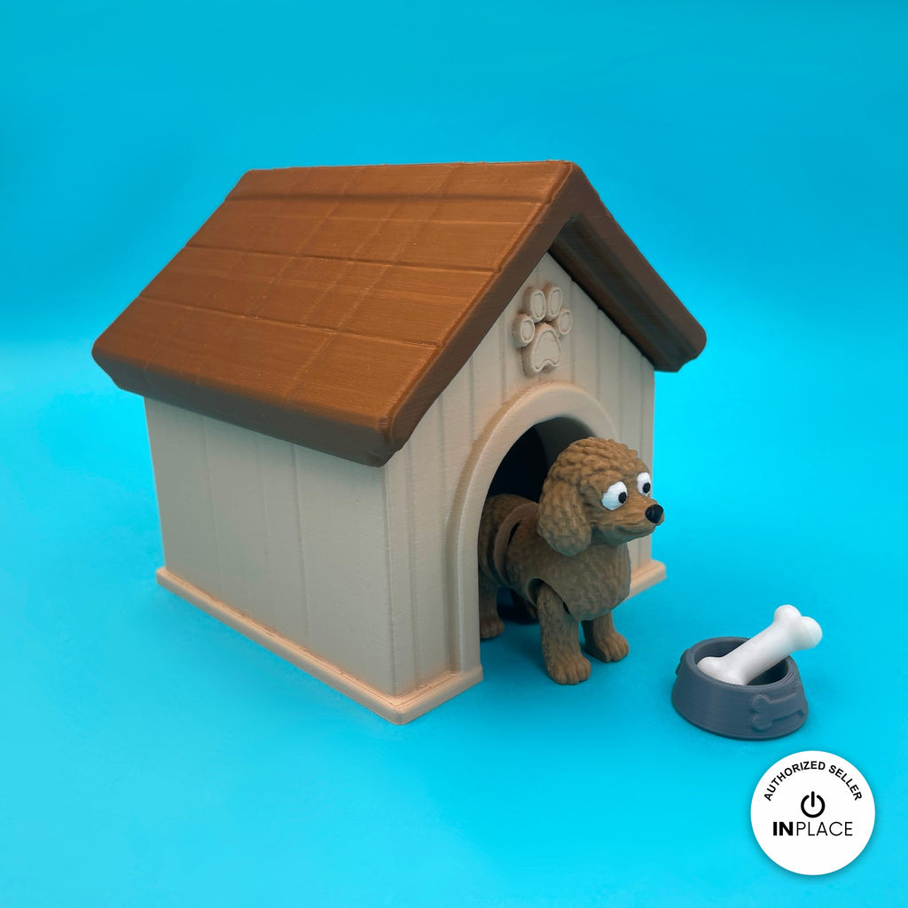 3D printed dog house platform by RU3D, shown with the Goldendoodle keychain