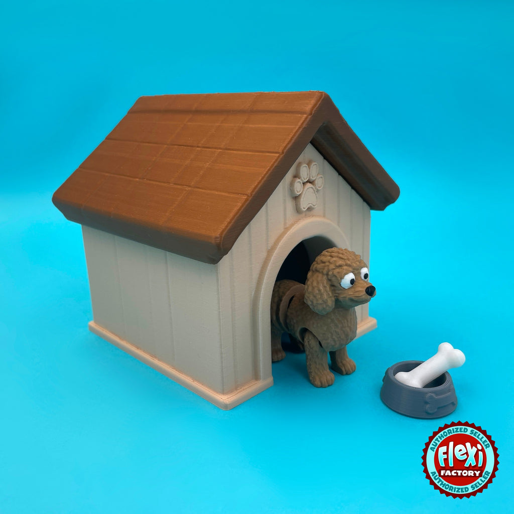 Cute goldendoodle keychain, 3D printed by RU3D – peeking out of dog house. Caramel brown curly coat with dog house playset.