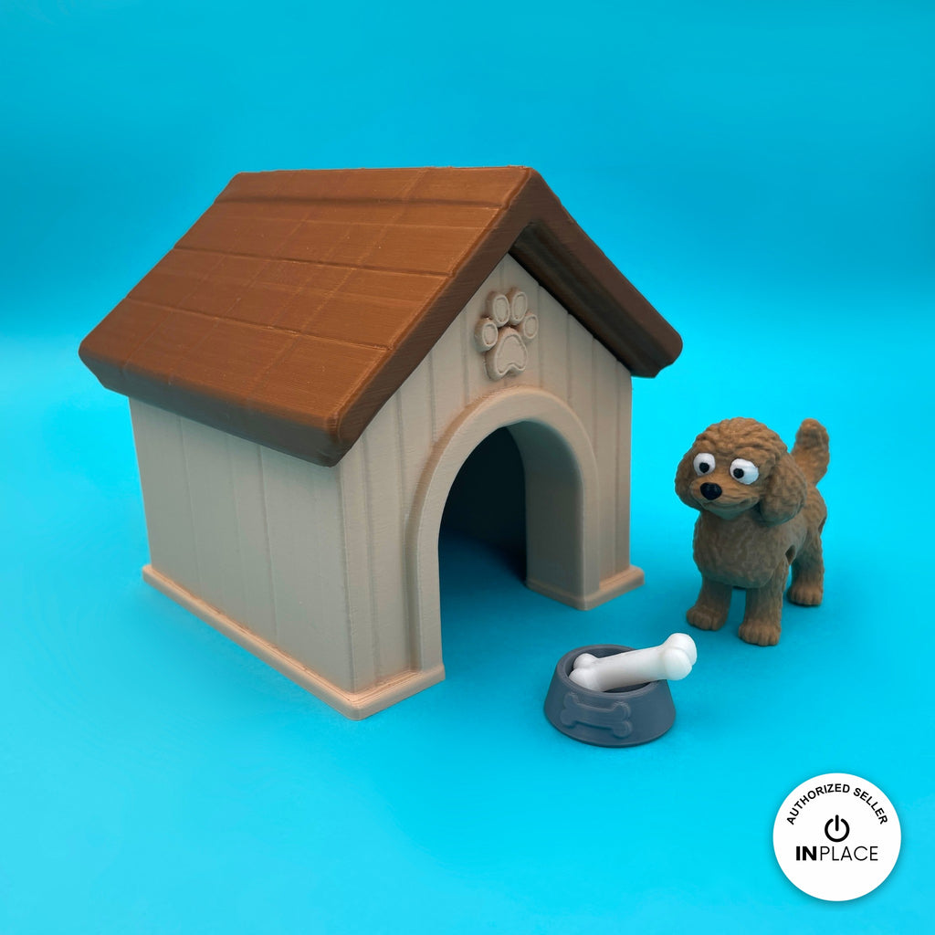 3D printed dog house platform by RU3D, shown with the Goldendoodle keychain