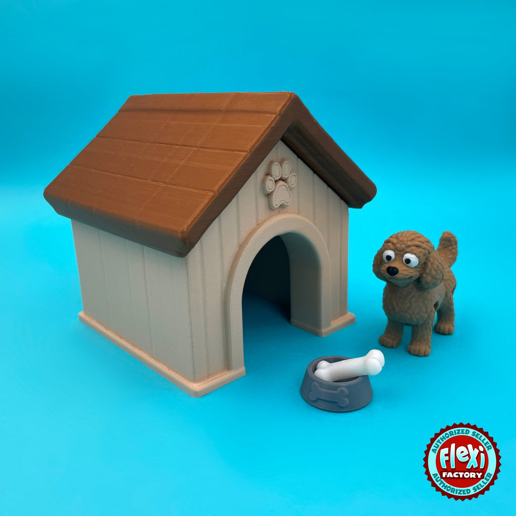 Cute goldendoodle keychain, 3D printed by RU3D – sitting beside dog house. Caramel brown curly coat with dog house playset.