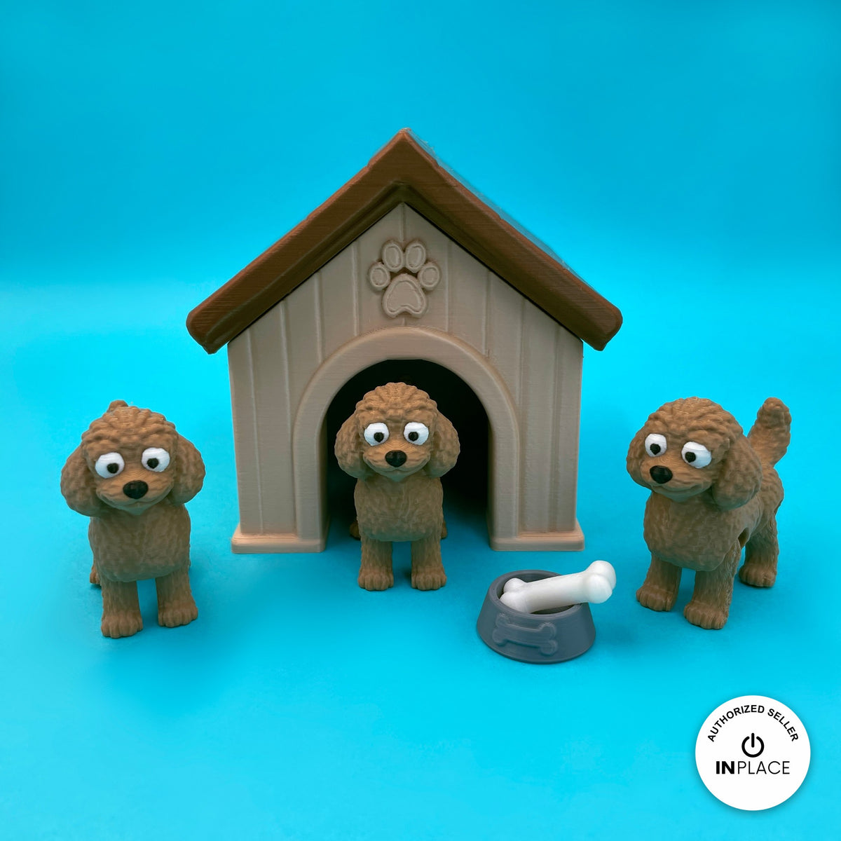 3D printed dog house platform by RU3D, shown with the Goldendoodle keychain