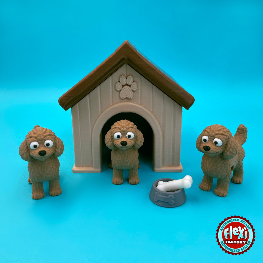 Cute goldendoodle keychain, 3D printed by RU3D – three goldendoodles with dog house. Caramel brown curly coat with dog house playset.
