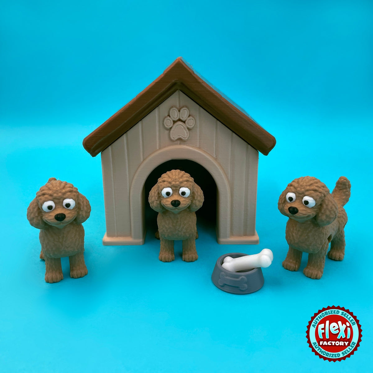 Cute goldendoodle keychain, 3D printed by RU3D – three goldendoodles with dog house. Caramel brown curly coat with dog house playset.