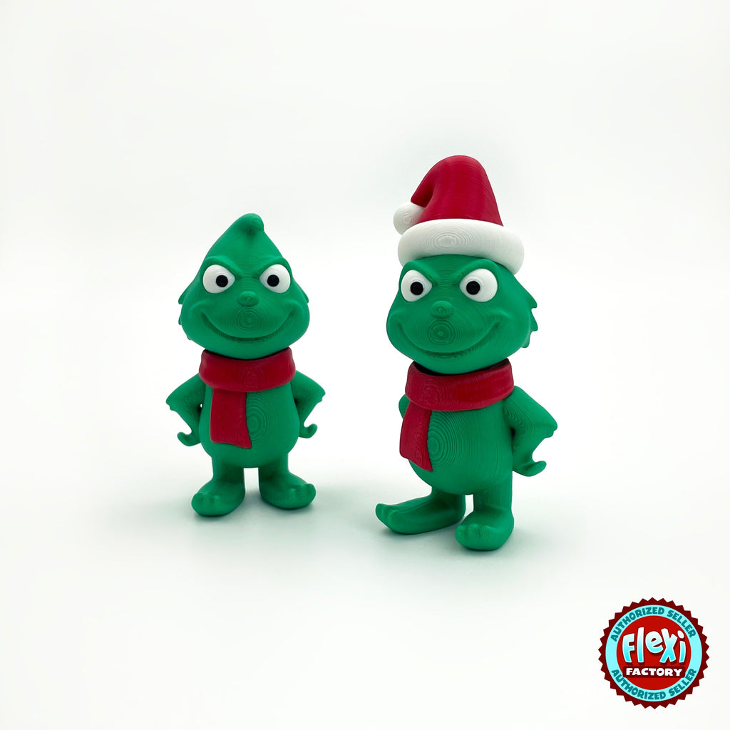 Cute green Christmas grump keychain, 3D printed by RU3D – pair with and without Santa hat. Green with red scarf and Santa hat.