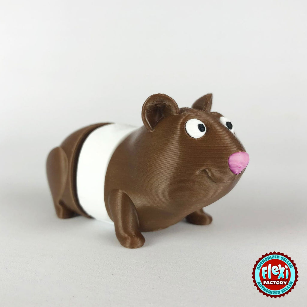 Cute guinea pig keychain, 3D printed by RU3D – brown and white version 2 facing right. Brown with pink nose, also brown and white.