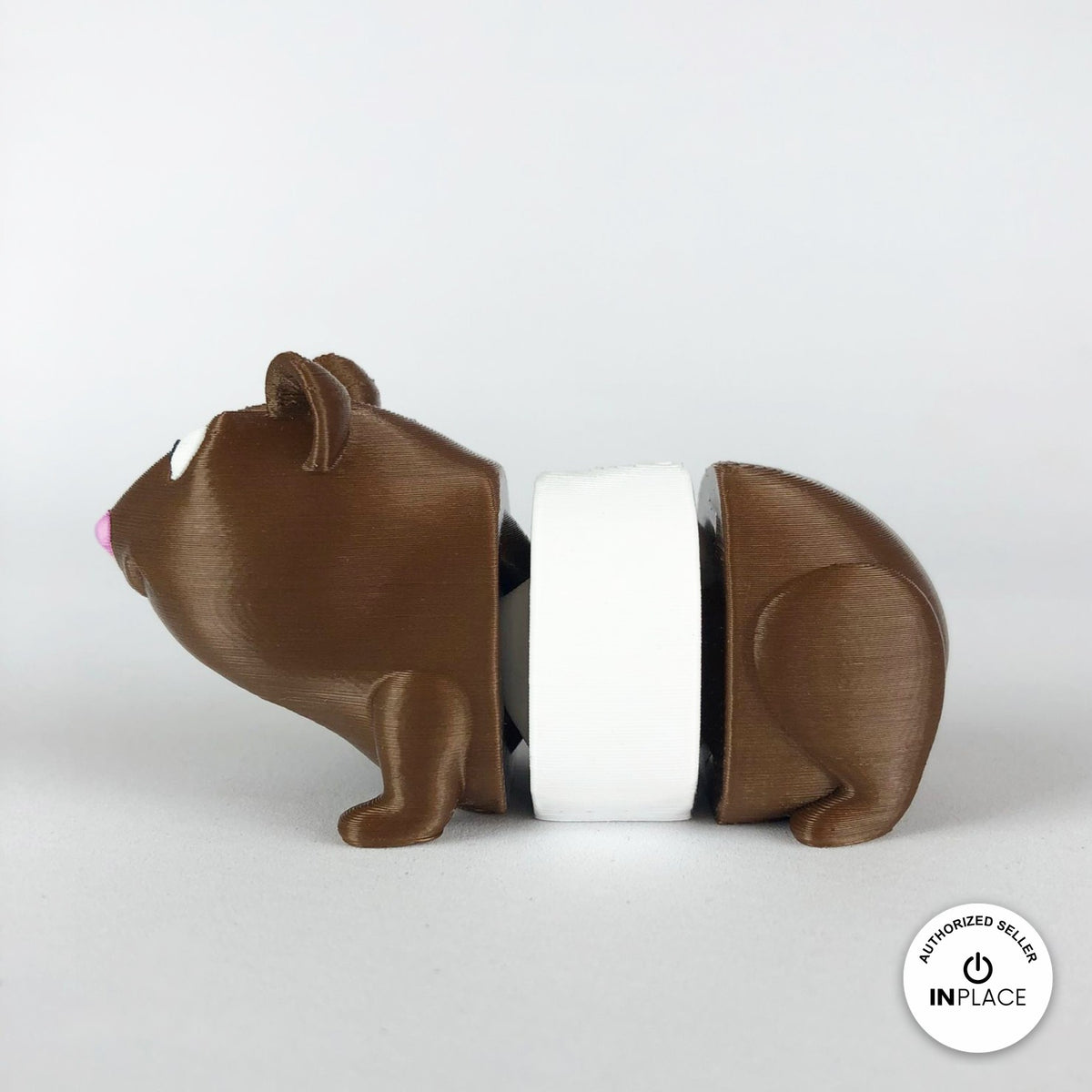Cute guinea pig keychain, 3D printed by RU3D – brown and white version 2 side view facing left. Brown with pink nose, also brown and white.