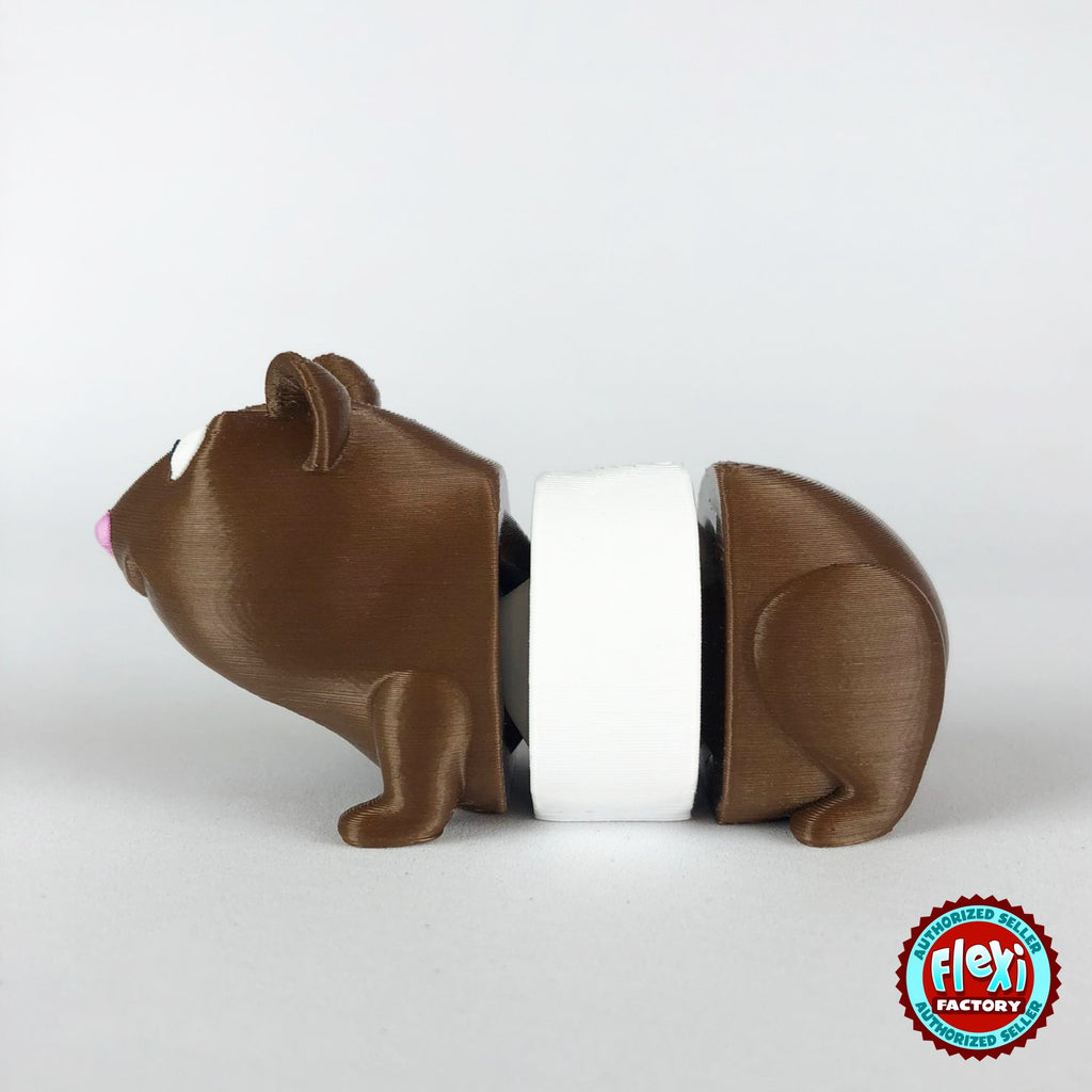 Cute guinea pig keychain, 3D printed by RU3D – brown and white version 2 side view facing left. Brown with pink nose, also brown and white.