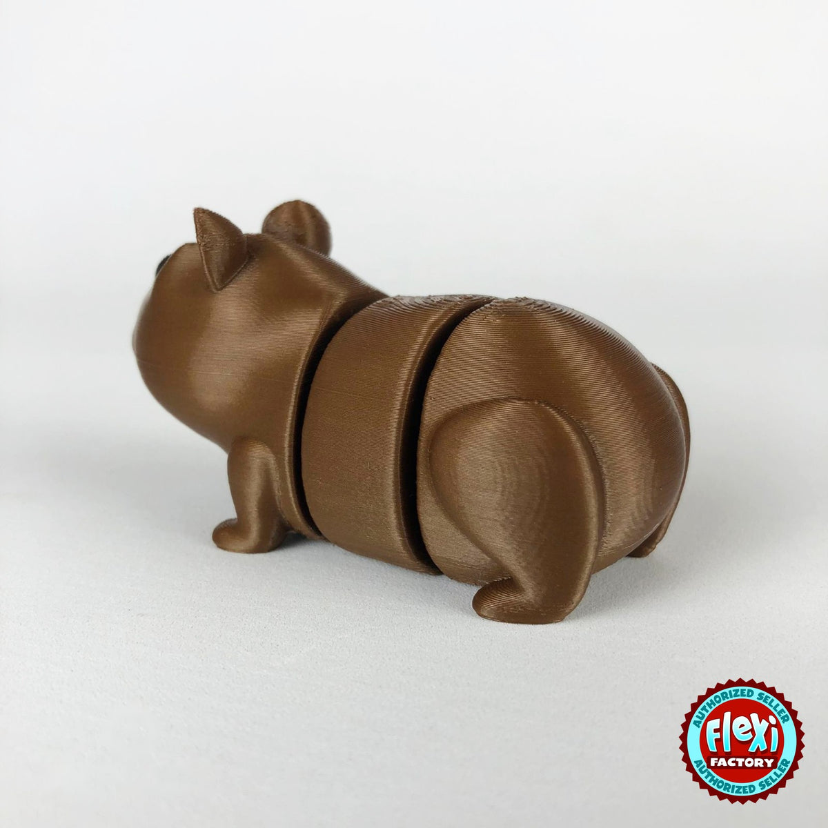 Cute guinea pig keychain, 3D printed by RU3D – dark eyes rear three quarter view. Brown with pink nose, also brown and white.