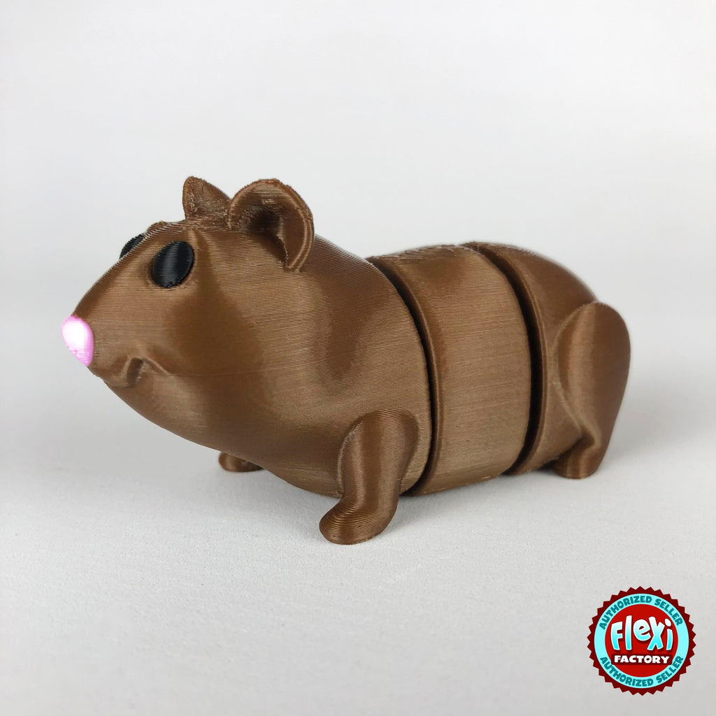 Cute guinea pig keychain, 3D printed by RU3D – dark eyes side view facing left. Brown with pink nose, also brown and white.