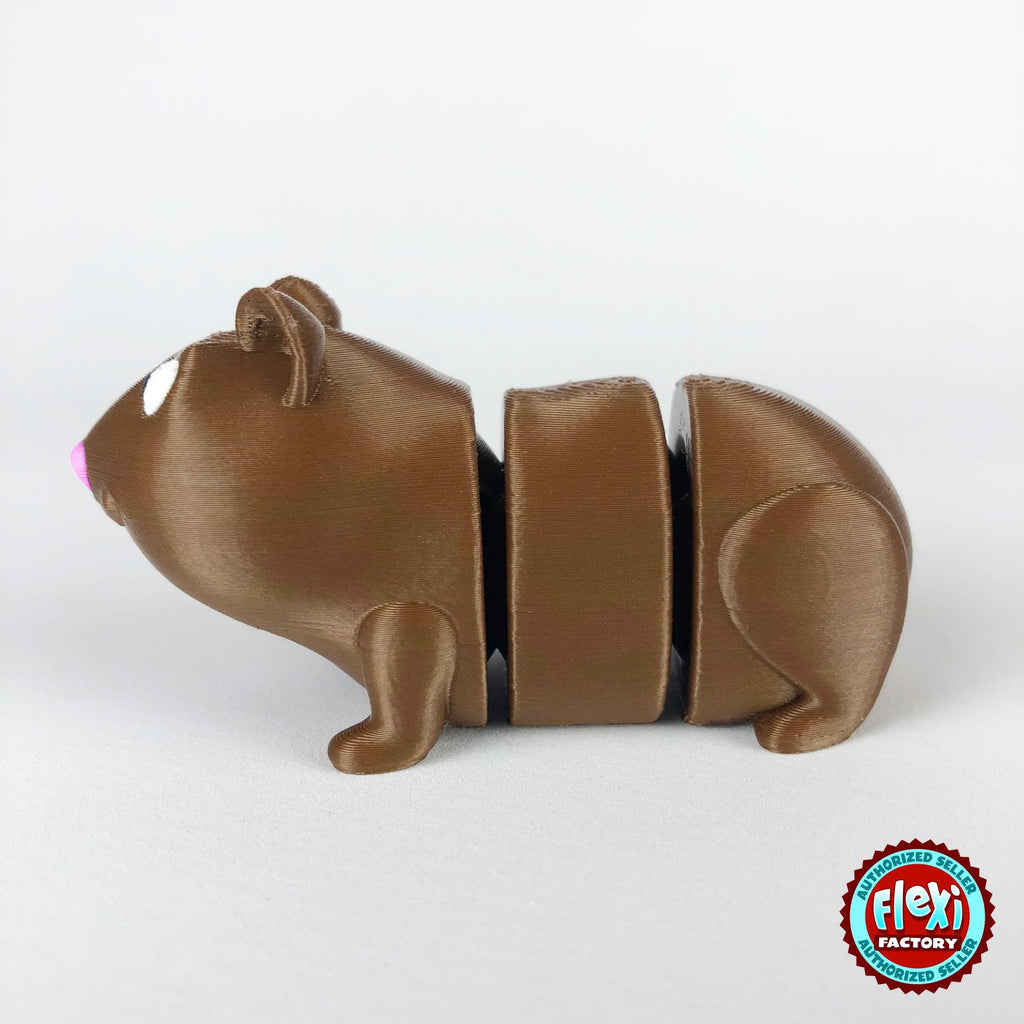 Cute guinea pig keychain, 3D printed by RU3D – side view facing left. Brown with pink nose, also brown and white.