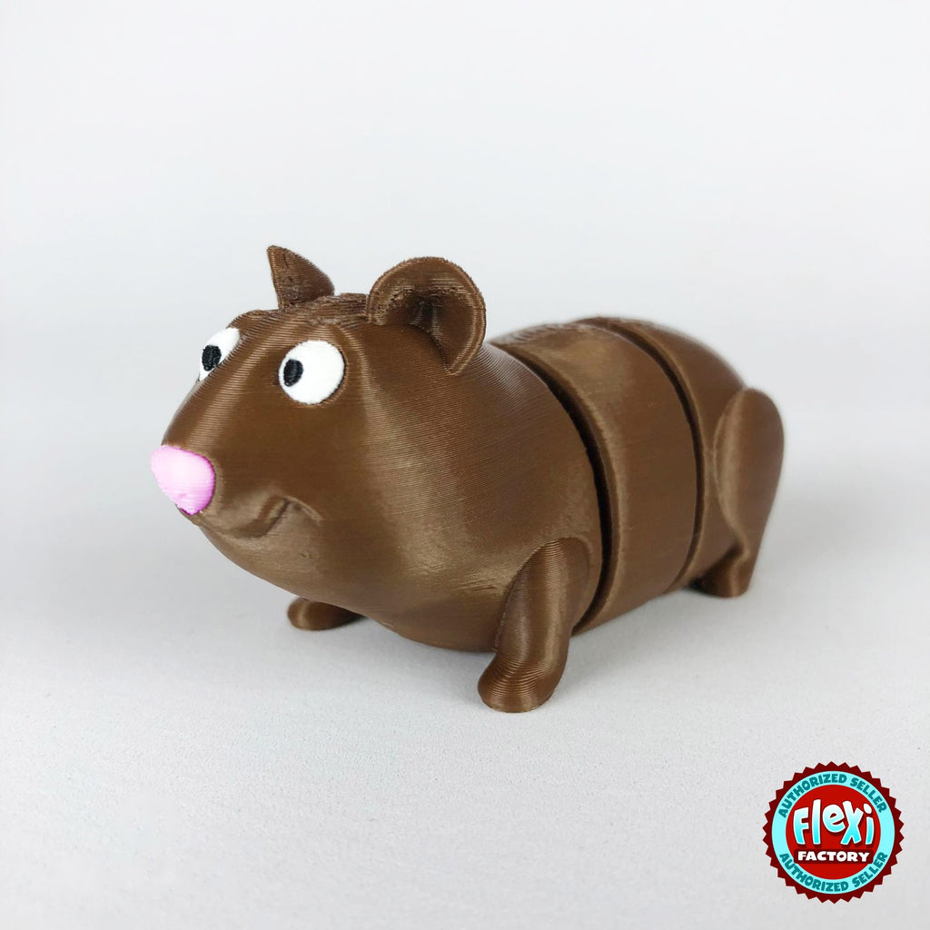 Cute guinea pig keychain, 3D printed by RU3D – three quarter view facing left. Brown with pink nose, also brown and white.