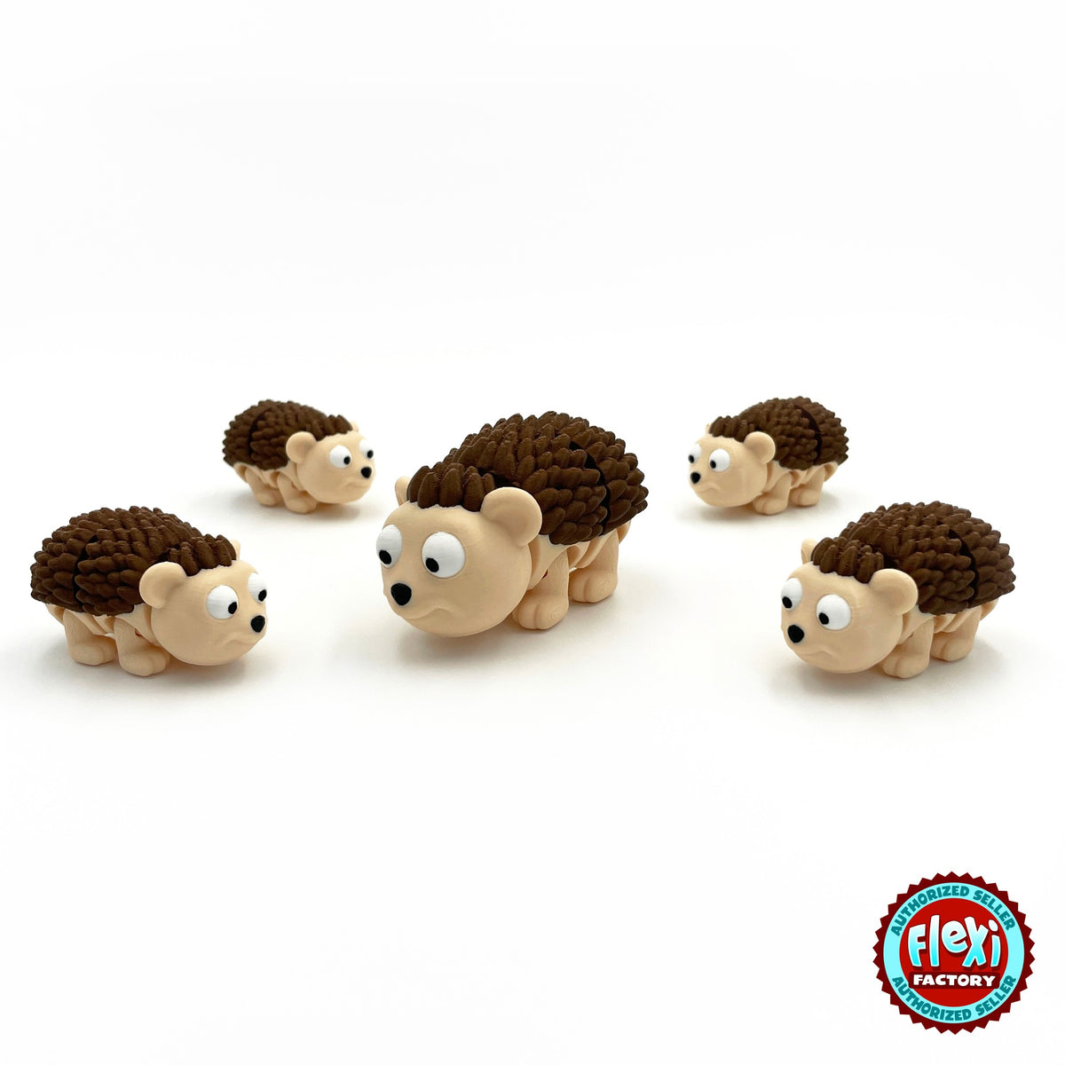 Cute hedgehog keychain, 3D printed by RU3D – group of hedgehogs. Cream face with dark brown spikes.