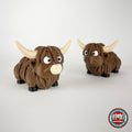 Cute Highland cow keychain, 3D printed by RU3D – pair of Highland cows. Shaggy brown with cream horns.