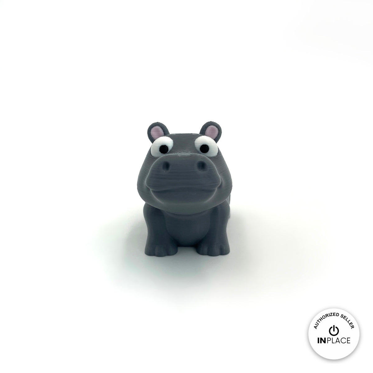 Cute hippo keychain, 3D printed by RU3D – front view. Grey with pink ears.