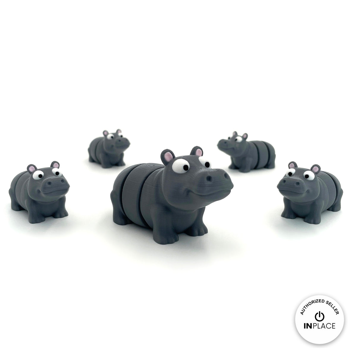 Cute hippo keychain, 3D printed by RU3D – group of hippos. Grey with pink ears.