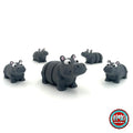 Cute hippo keychain, 3D printed by RU3D – group of hippos. Grey with pink ears.