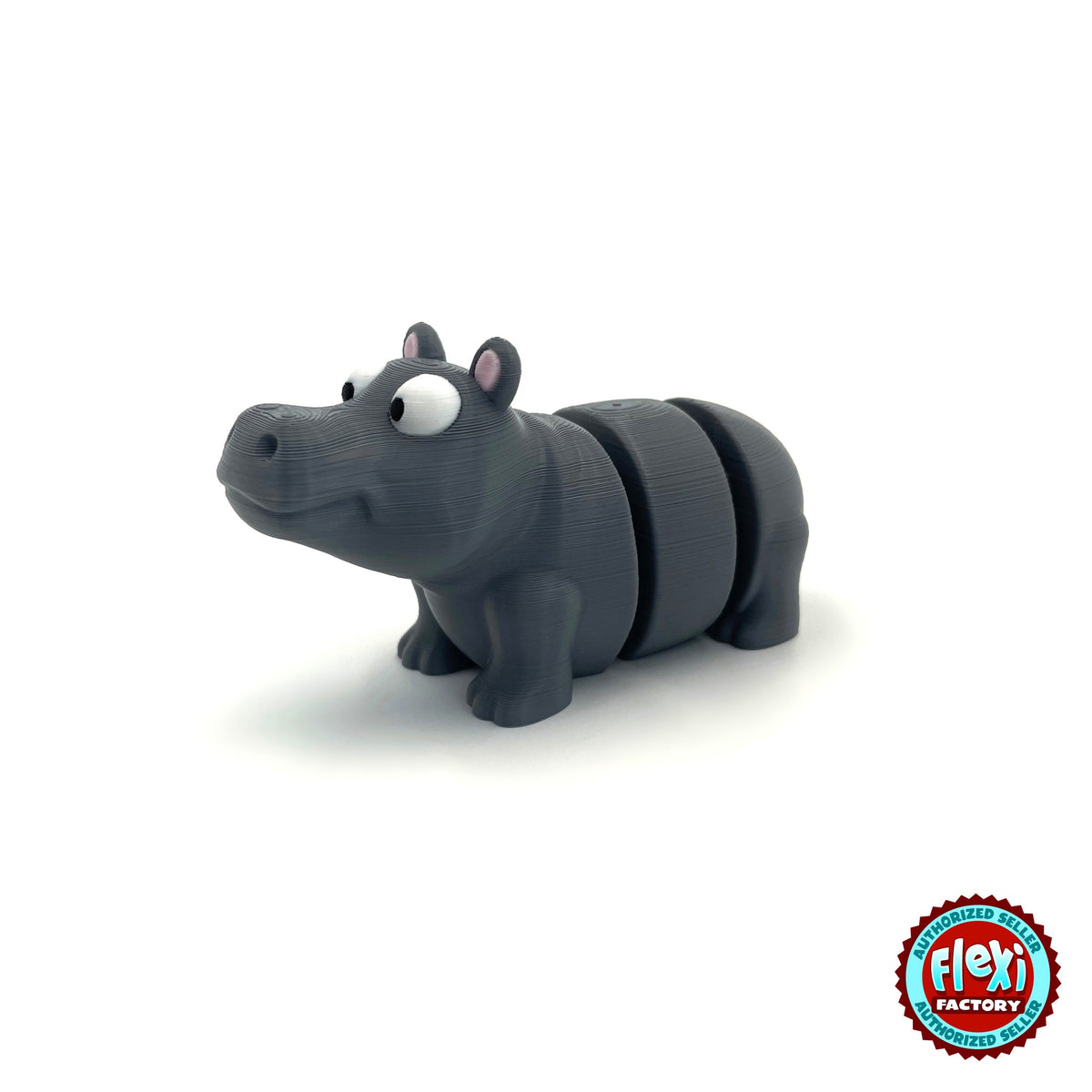 Cute hippo keychain, 3D printed by RU3D – three quarter view facing left. Grey with pink ears.