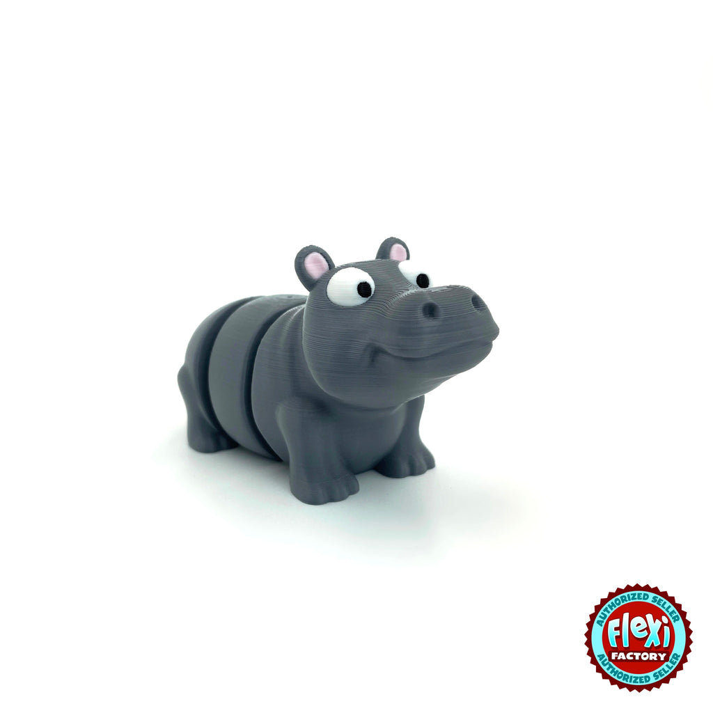 Cute hippo keychain, 3D printed by RU3D – three quarter view facing right. Grey with pink ears.