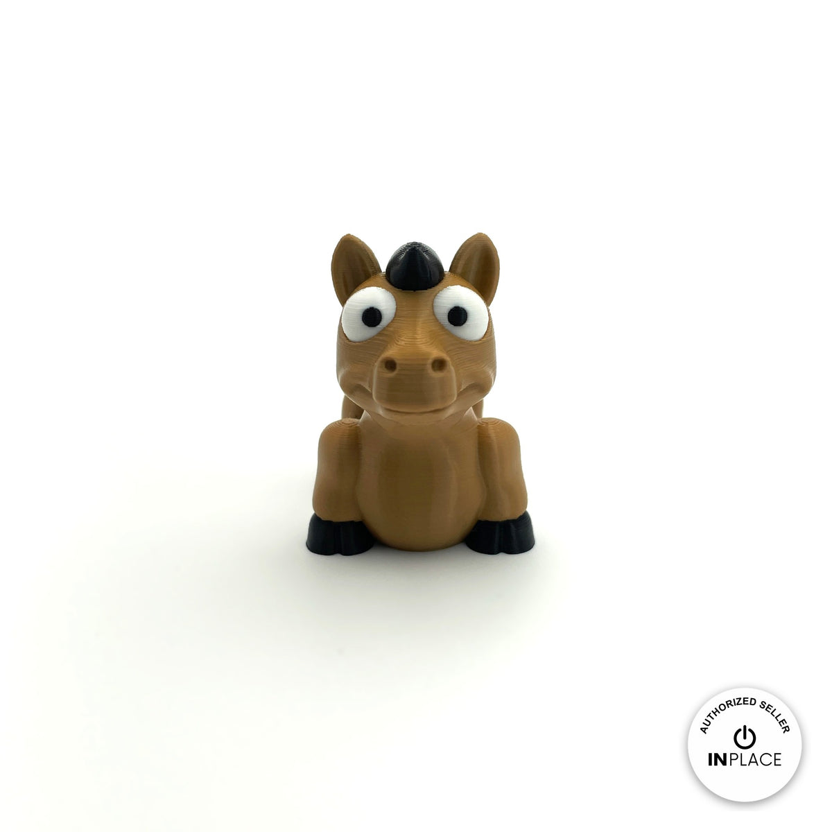 Cute horse pony keychain, 3D printed by RU3D – front view. Tan brown with black mane and hooves.