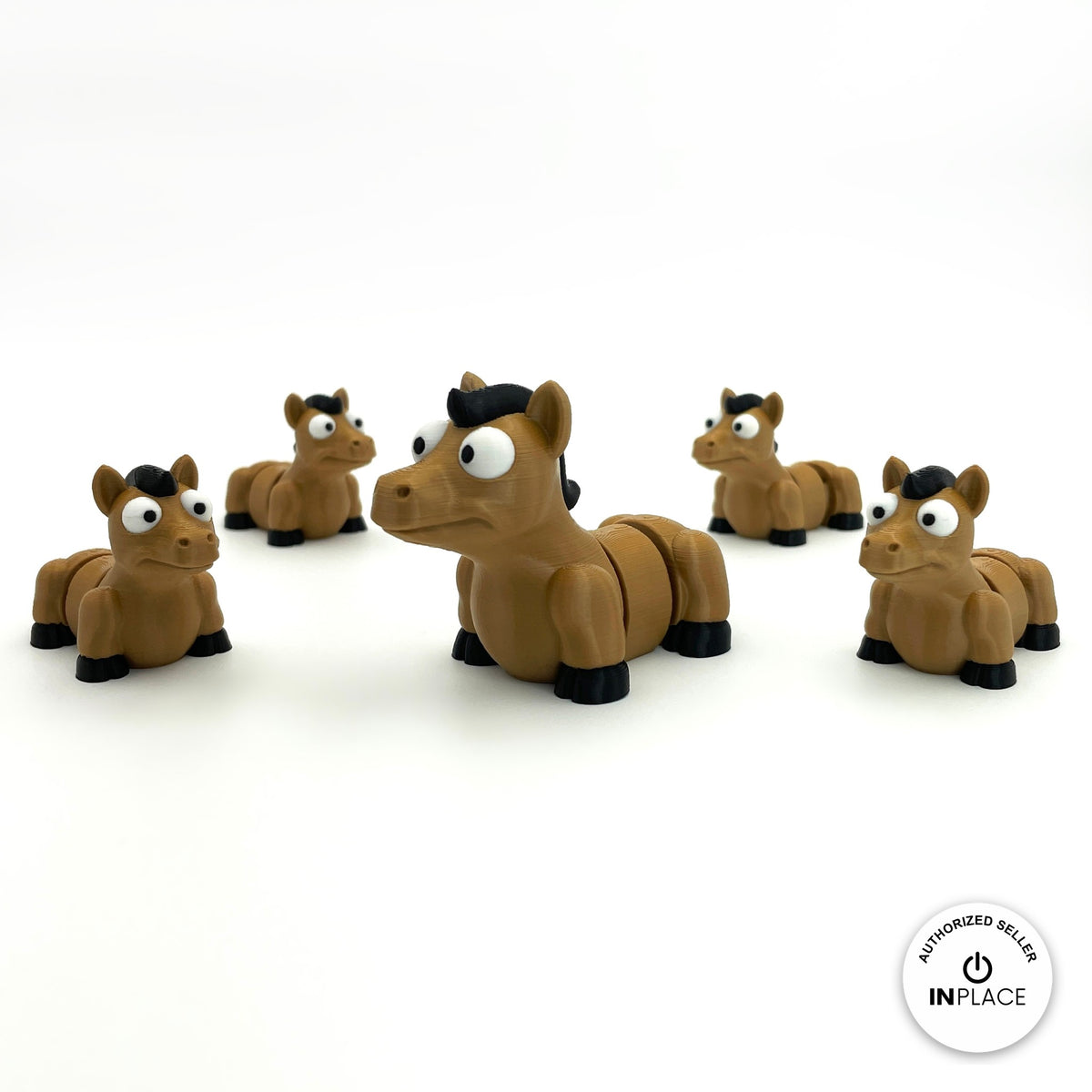 Cute horse pony keychain, 3D printed by RU3D – group of horses. Tan brown with black mane and hooves.