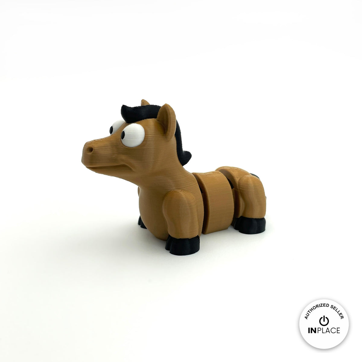 Cute horse pony keychain, 3D printed by RU3D – three quarter view facing left. Tan brown with black mane and hooves.