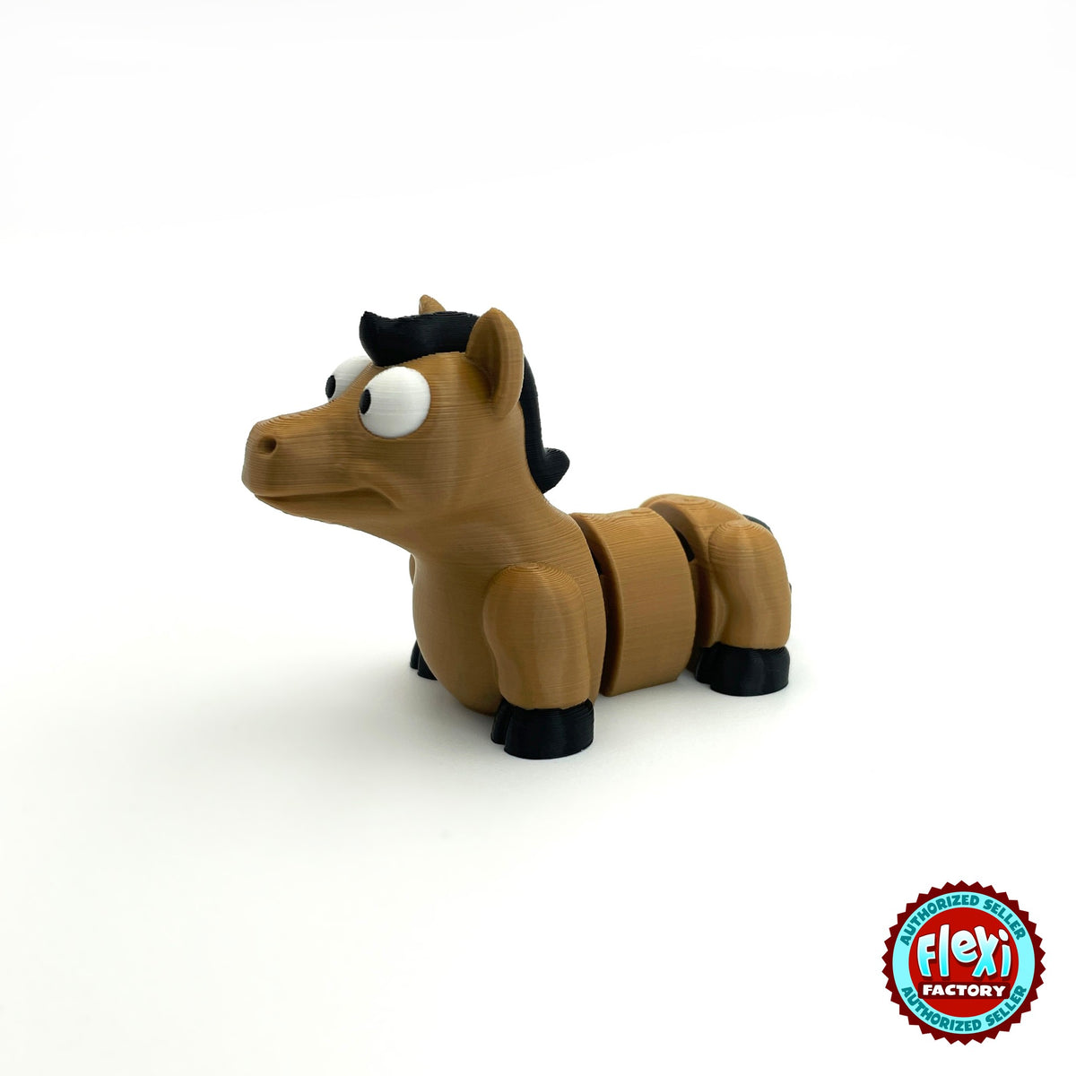 Cute horse pony keychain, 3D printed by RU3D – three quarter view facing left. Tan brown with black mane and hooves.