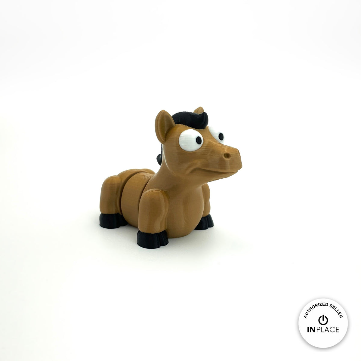 Cute horse pony keychain, 3D printed by RU3D – three quarter view facing right. Tan brown with black mane and hooves.