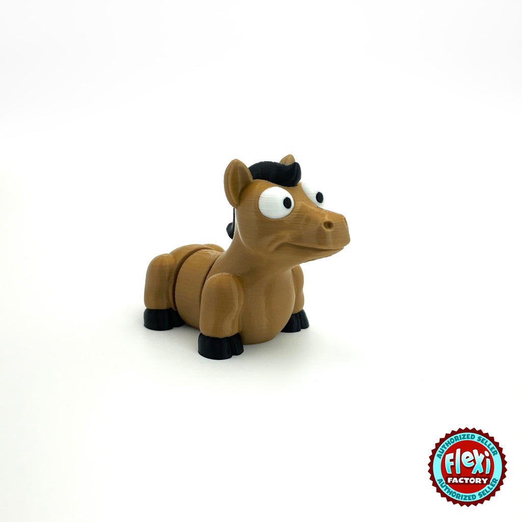 Cute horse pony keychain, 3D printed by RU3D – three quarter view facing right. Tan brown with black mane and hooves.
