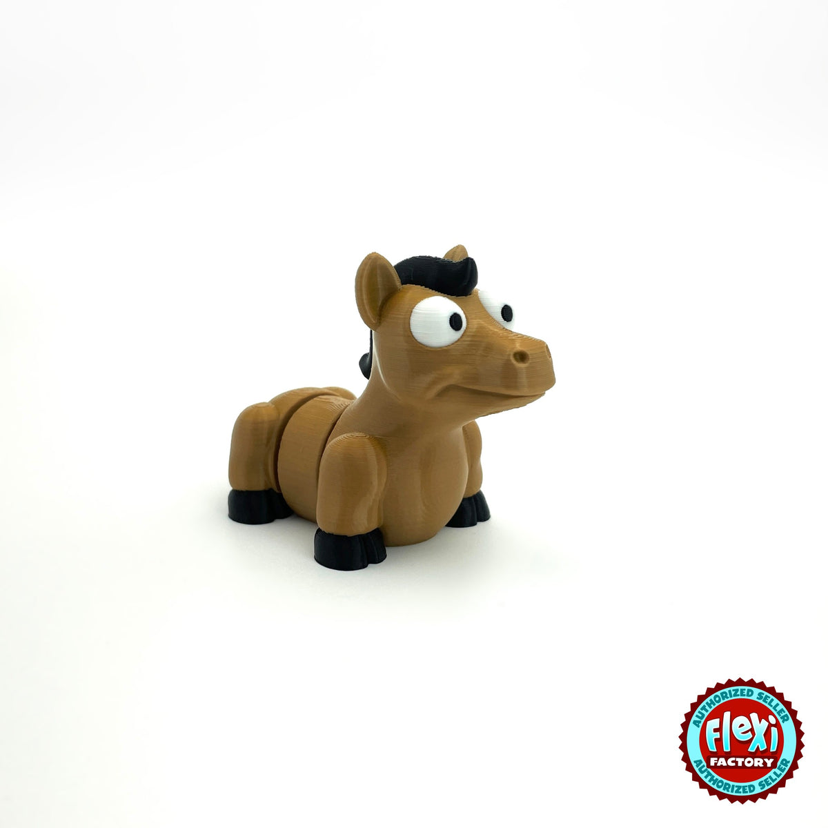 Cute horse pony keychain, 3D printed by RU3D – three quarter view facing right. Tan brown with black mane and hooves.