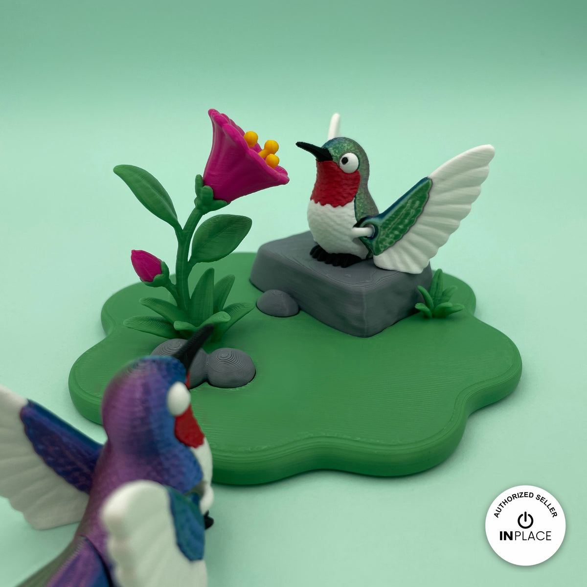 3D printed flower garden platform by RU3D, shown with the Hummingbird keychain