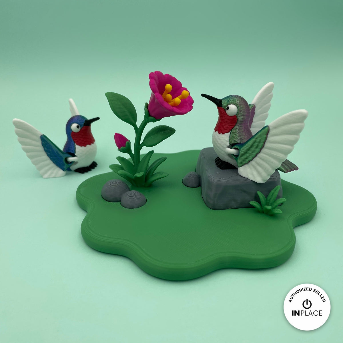 3D printed flower garden platform by RU3D, shown with the Hummingbird keychain