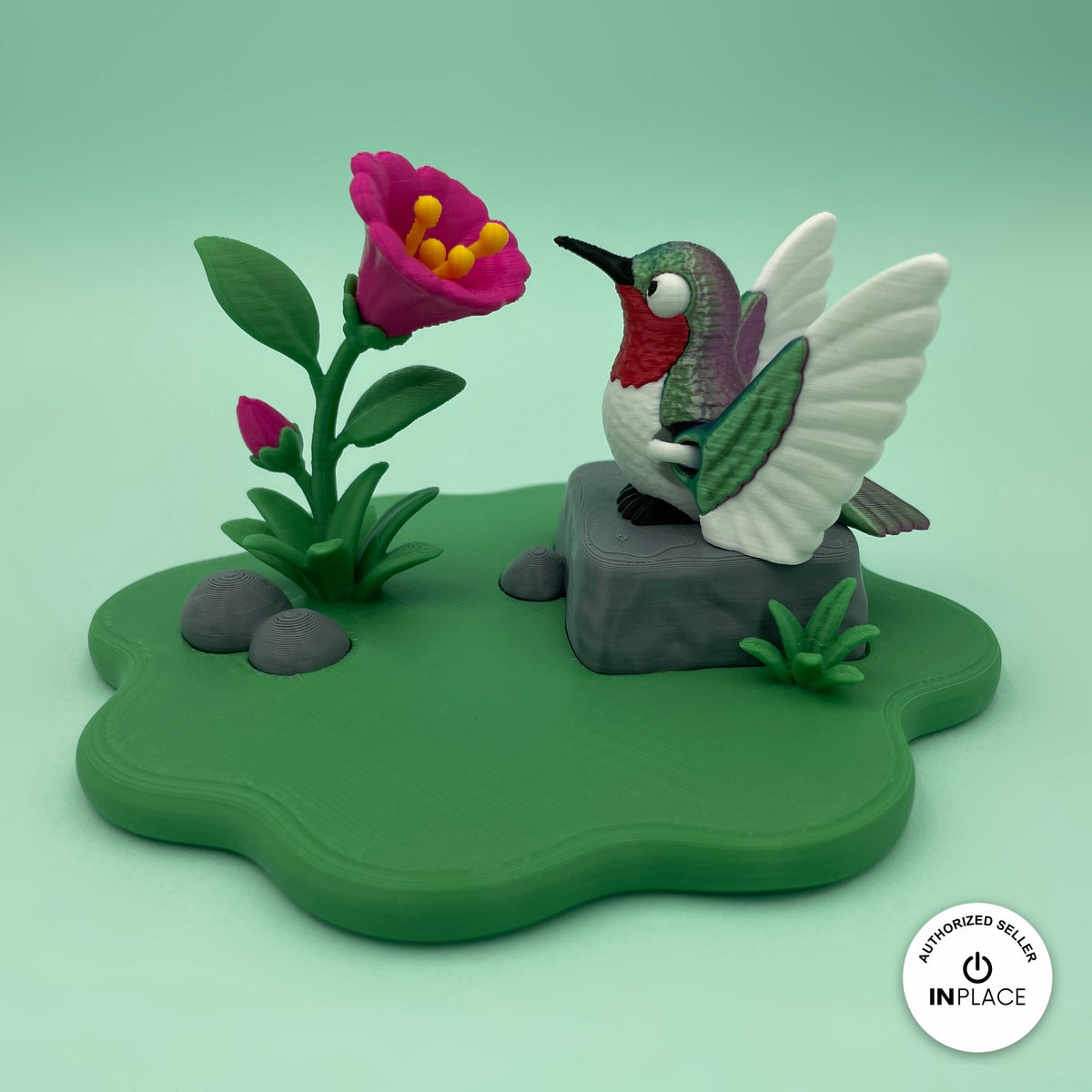3D printed flower garden platform by RU3D, shown with the Hummingbird keychain
