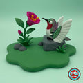 Cute hummingbird keychain, 3D printed by RU3D – with pink flower playset. Green and red bird with flower garden playset.