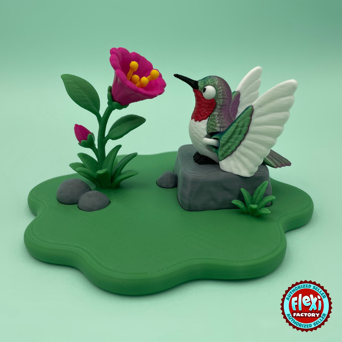 Cute hummingbird keychain, 3D printed by RU3D – with pink flower playset. Green and red bird with flower garden playset.