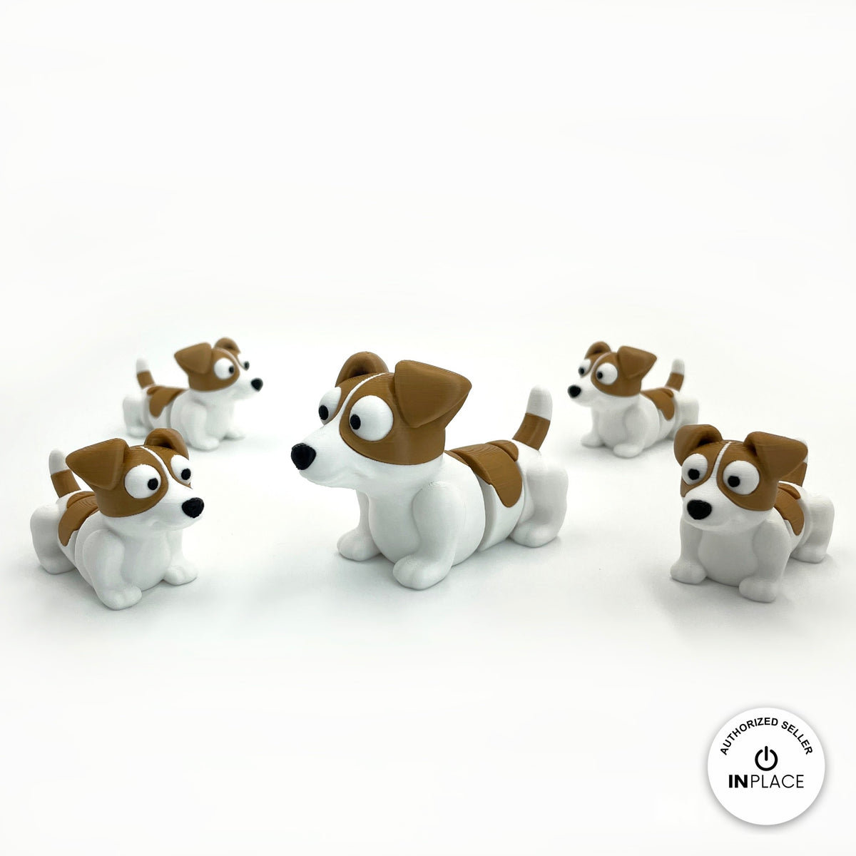 Cute Jack Russell terrier keychain, 3D printed by RU3D – group of jack russells. White with brown patches.