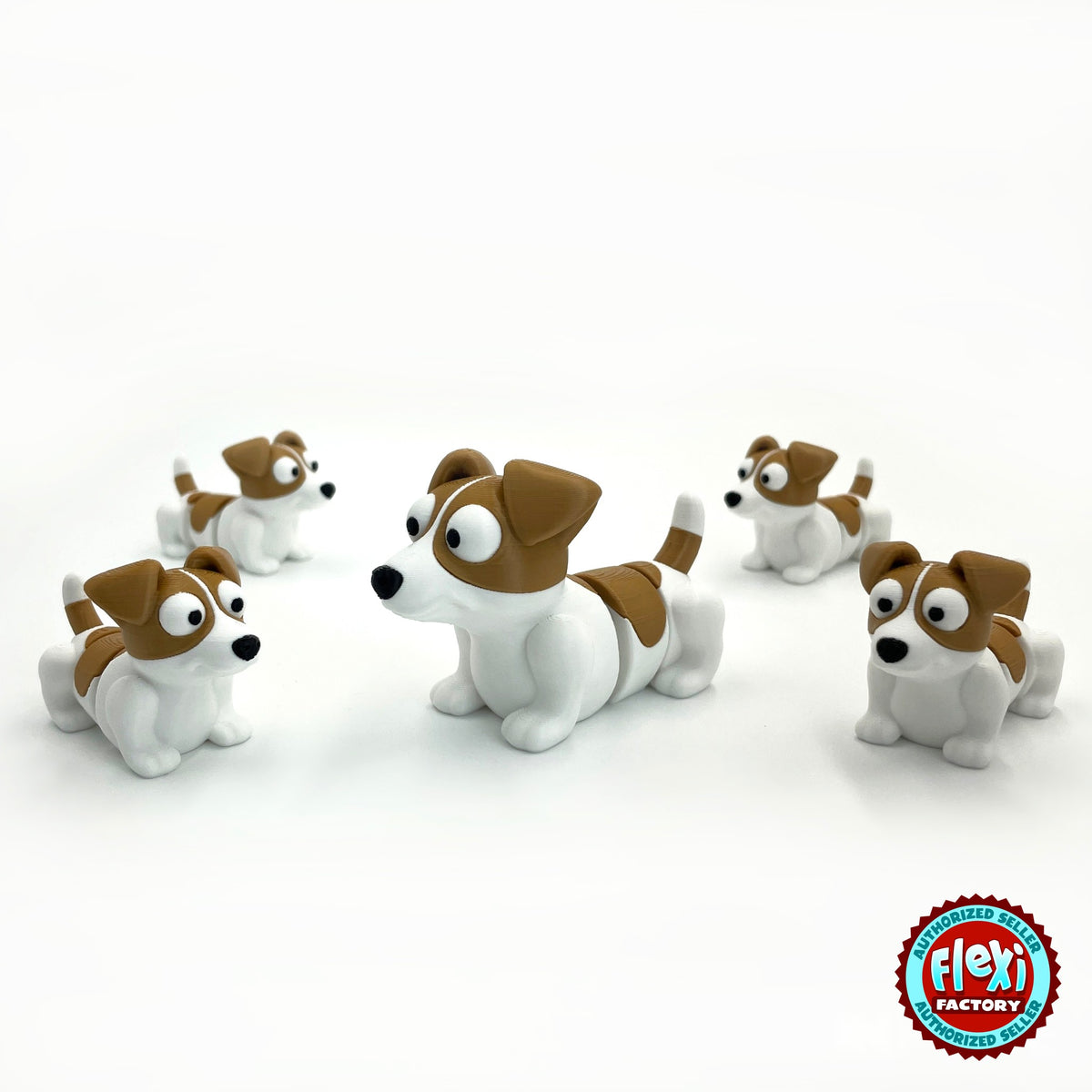 Cute Jack Russell terrier keychain, 3D printed by RU3D – group of jack russells. White with brown patches.