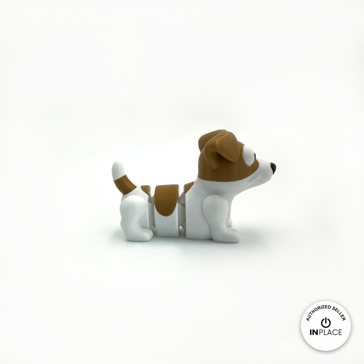 Cute Jack Russell terrier keychain, 3D printed by RU3D – side view facing right. White with brown patches.