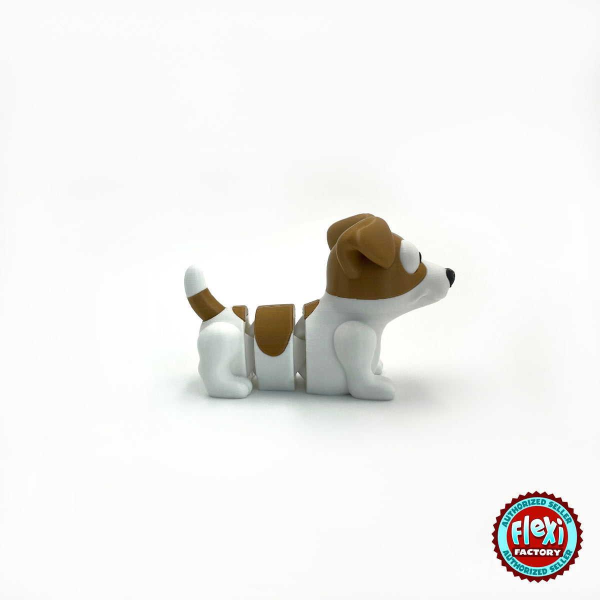 Cute Jack Russell terrier keychain, 3D printed by RU3D – side view facing right. White with brown patches.