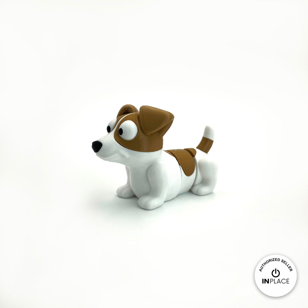 Cute Jack Russell terrier keychain, 3D printed by RU3D – three quarter view facing left. White with brown patches.